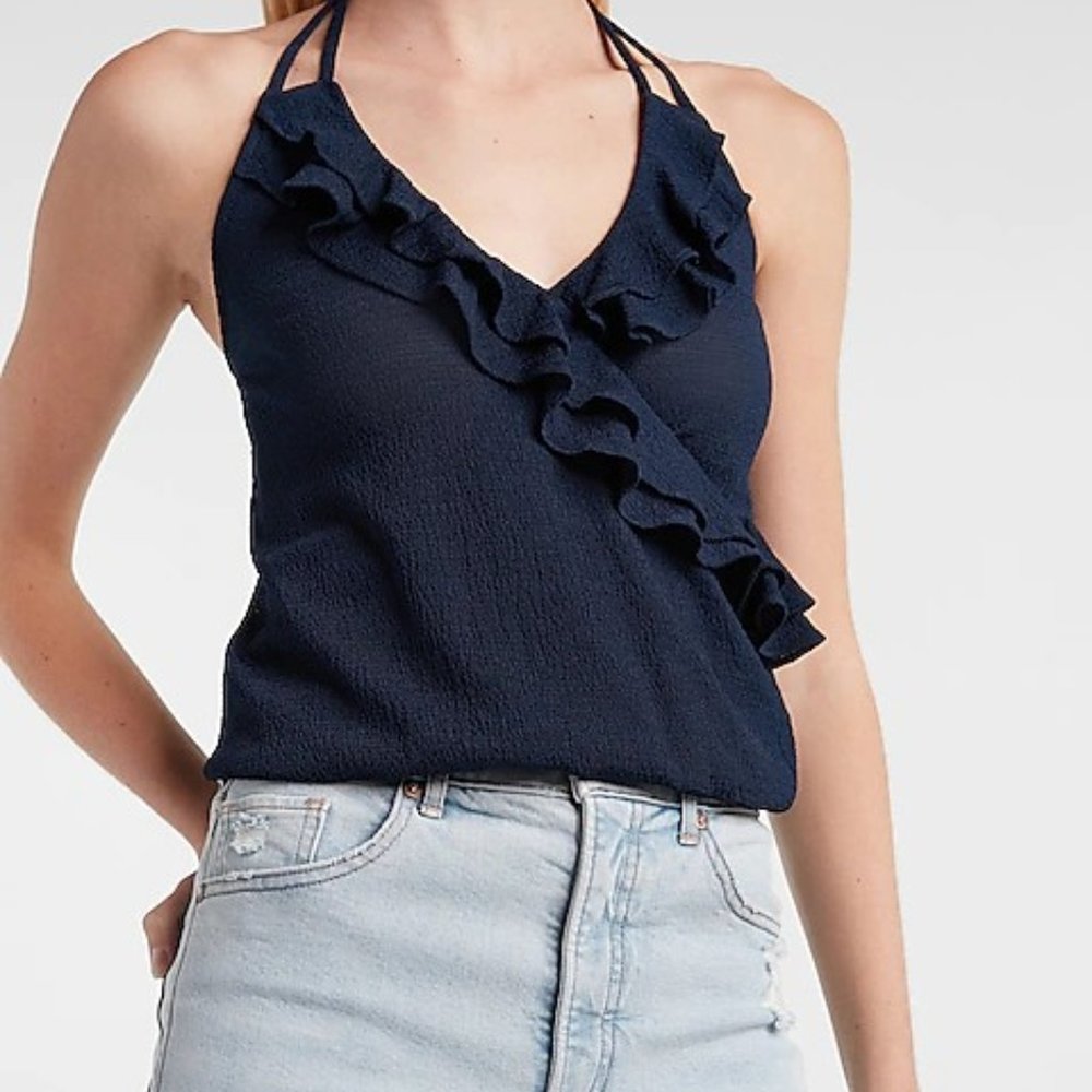 BNWT Express Navy Ruffle Wrap Halter Neck Cami